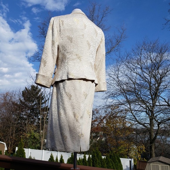 JONES NY Dress Jacket Cream Gold Metallic Formal Silk Set Floral Brocade 12 - Picture 4 of 16